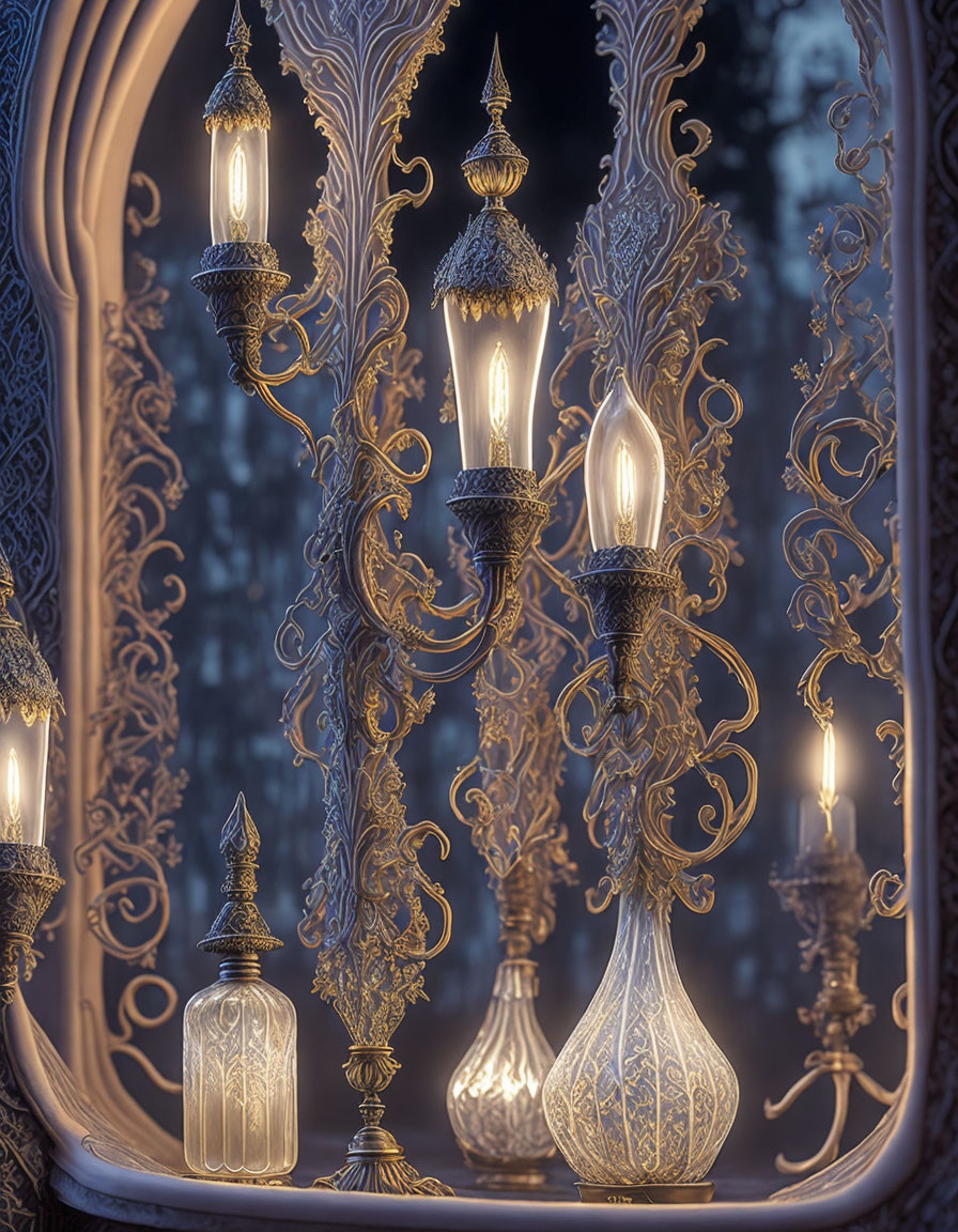 Intricate Vintage Lamps Illuminate Ornate Metalwork