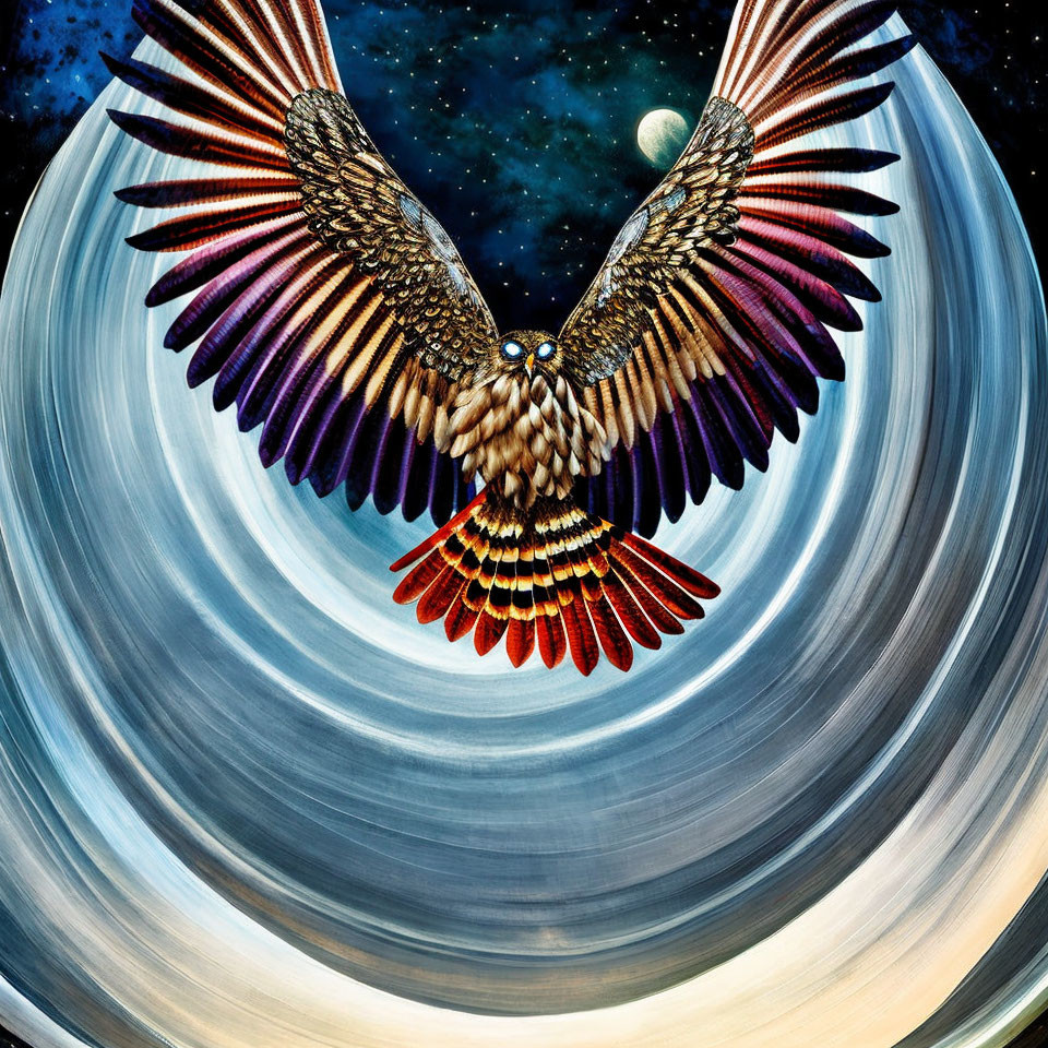 Eagle in Flight with Cosmic Background and Crescent Moon