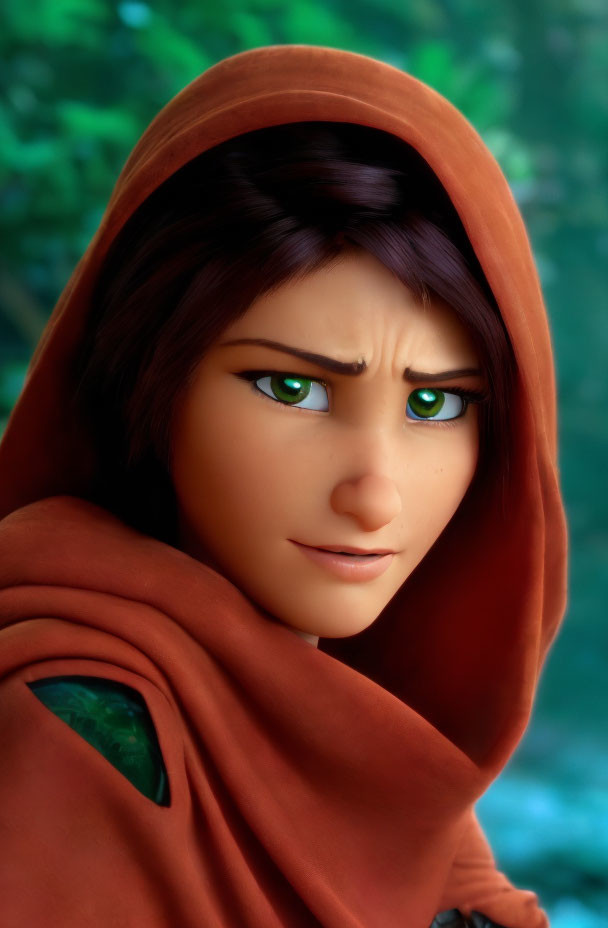 3D animated female character with green eyes in red cloak