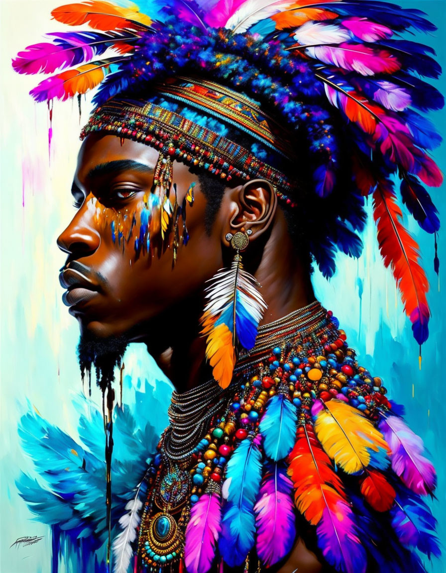 Colorful feather headdress digital artwork on blue background