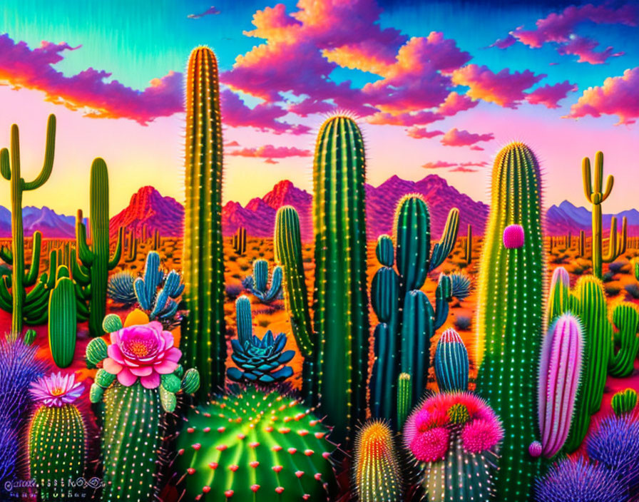 Colorful Desert Landscape with Vibrant Sky and Cacti Blossoms