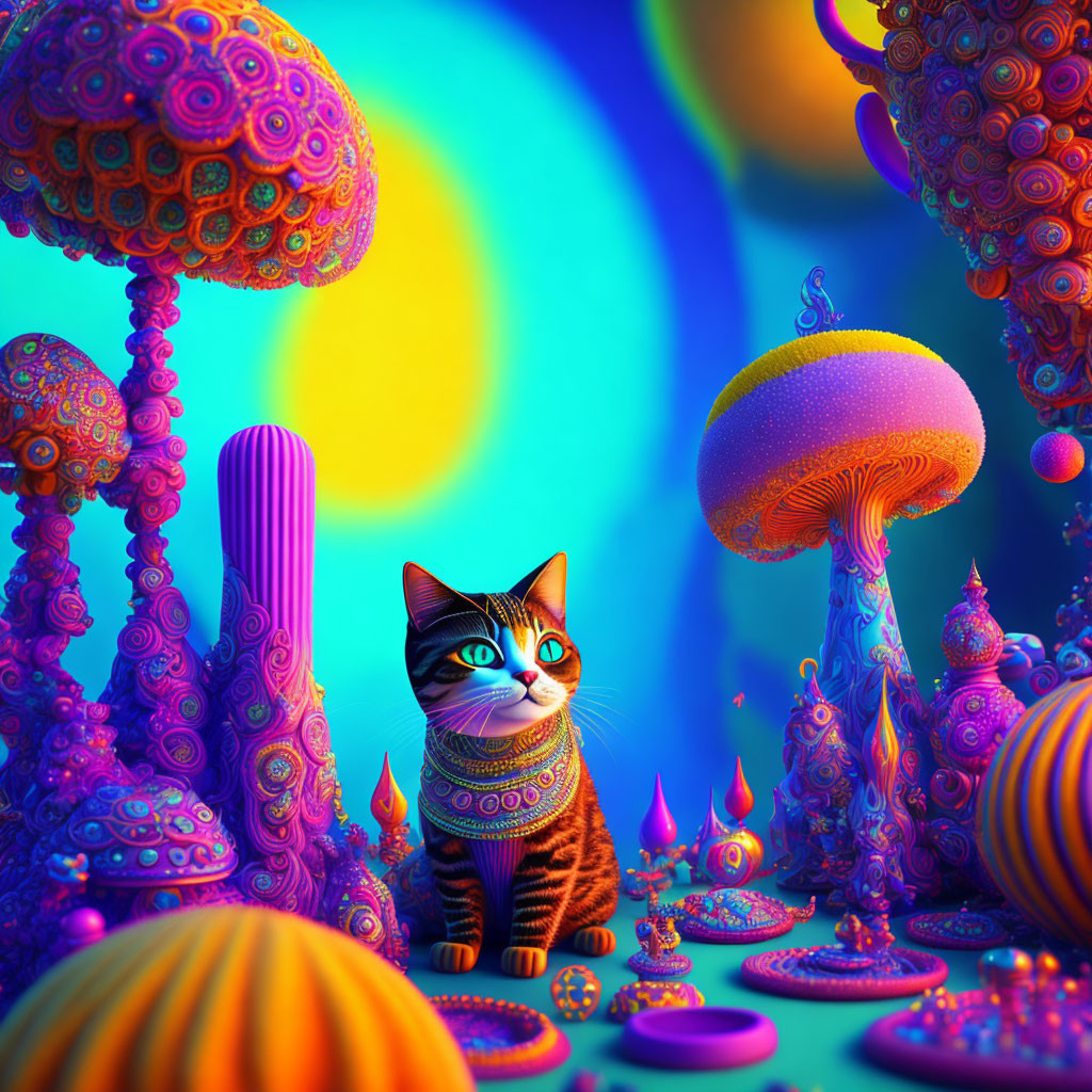 Colorful Cat Illustration with Surreal Alien Landscape