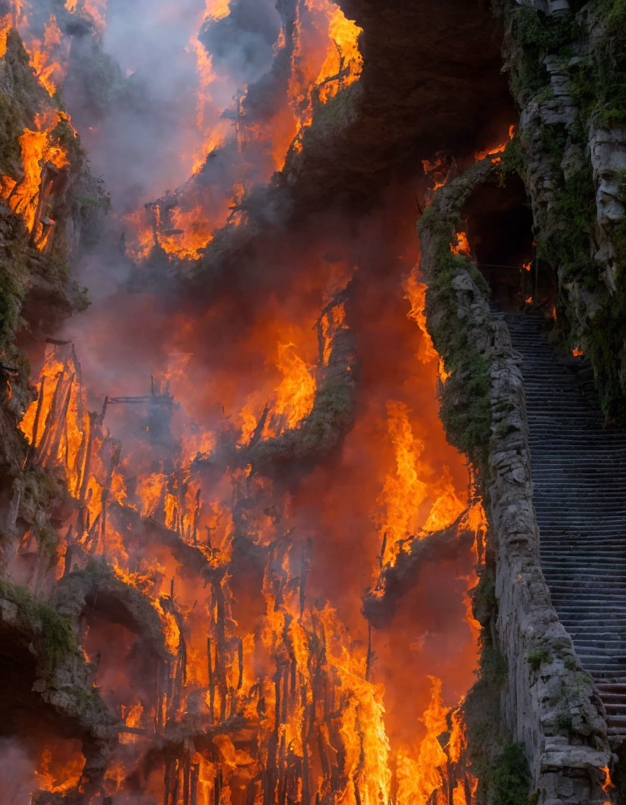 Fiery underground cave with staircase and flames