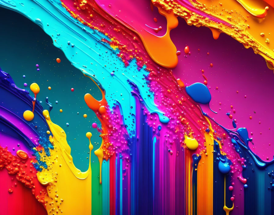 Colorful Abstract Rainbow Paint Splashes and Drips on Smooth Surface