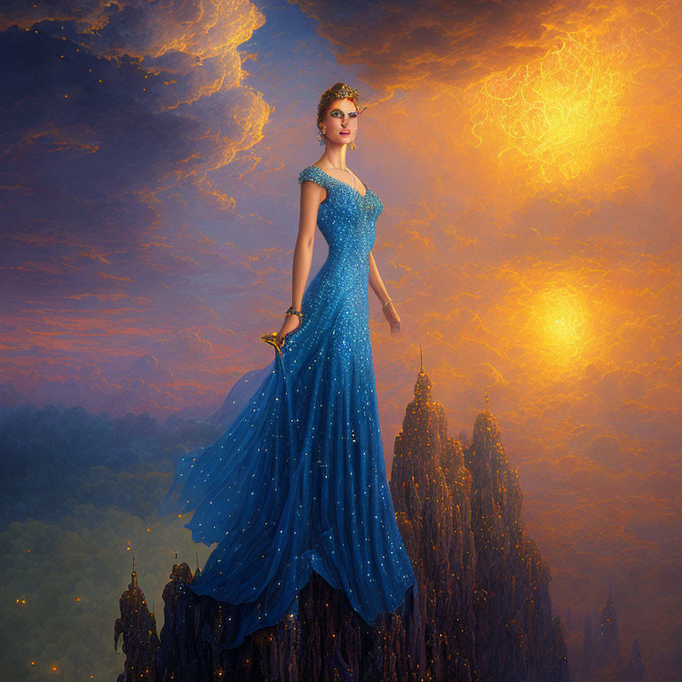 Woman in Blue Gown in Fantasy Landscape with Radiant Clouds and Castle Spires