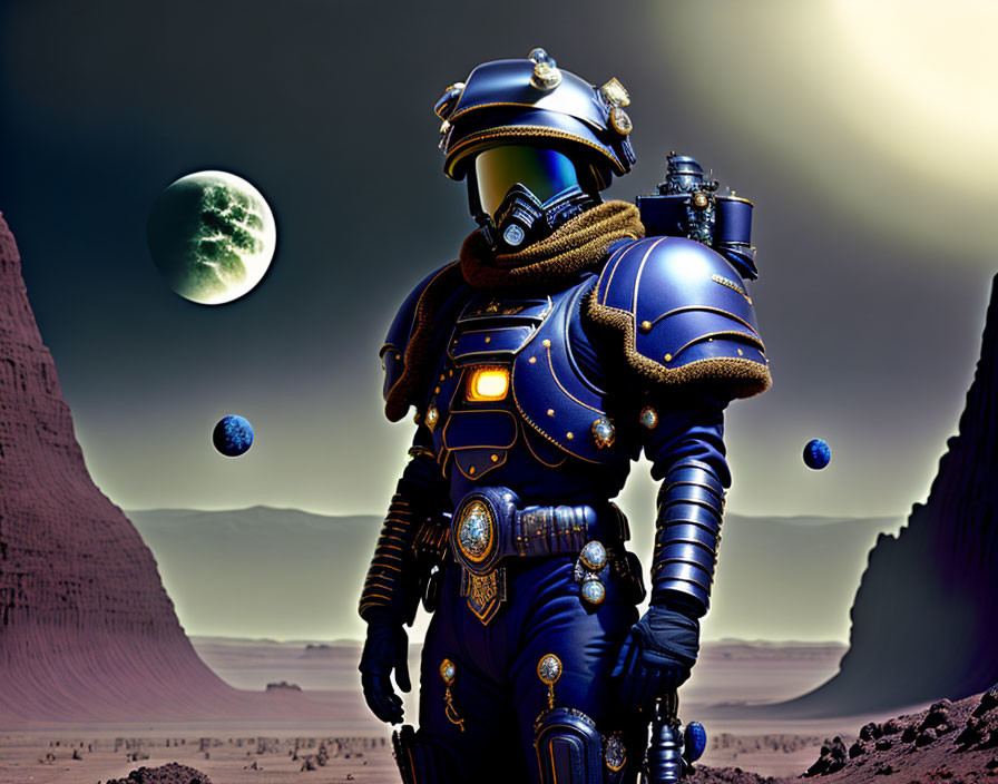 Futuristic astronaut in ornate armor on barren alien landscape