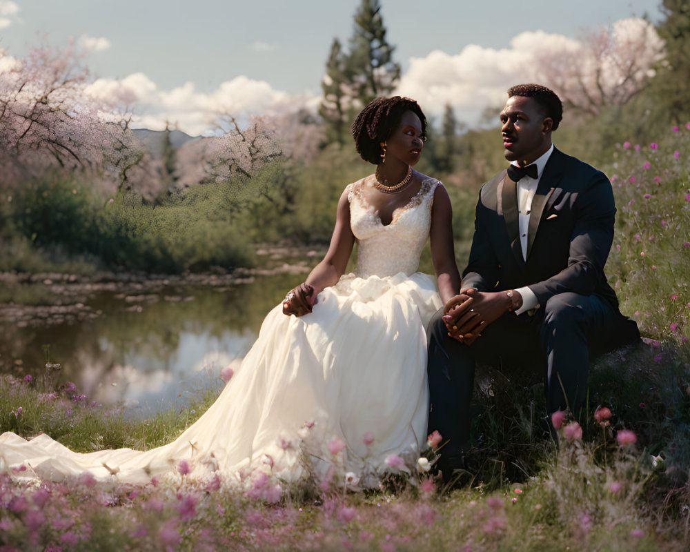 Wedding couple in attire by lake with pink flowers and trees