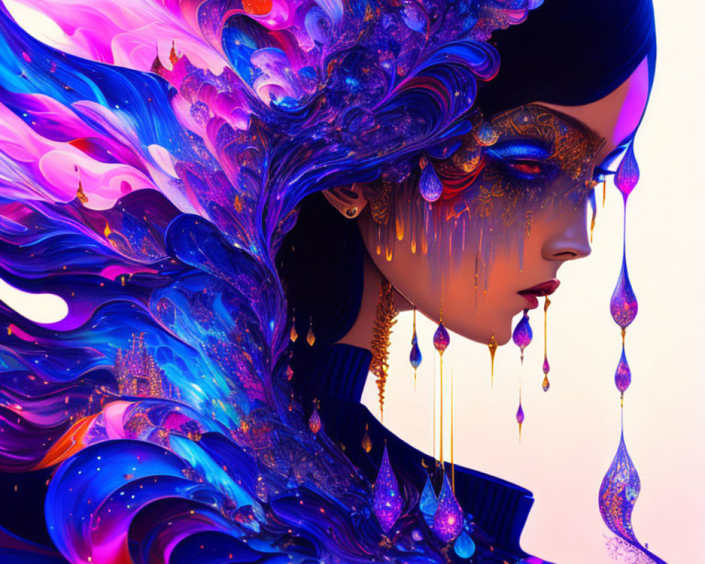 Vibrant digital artwork of mystical female figure with flowing hair and ornate jewelry