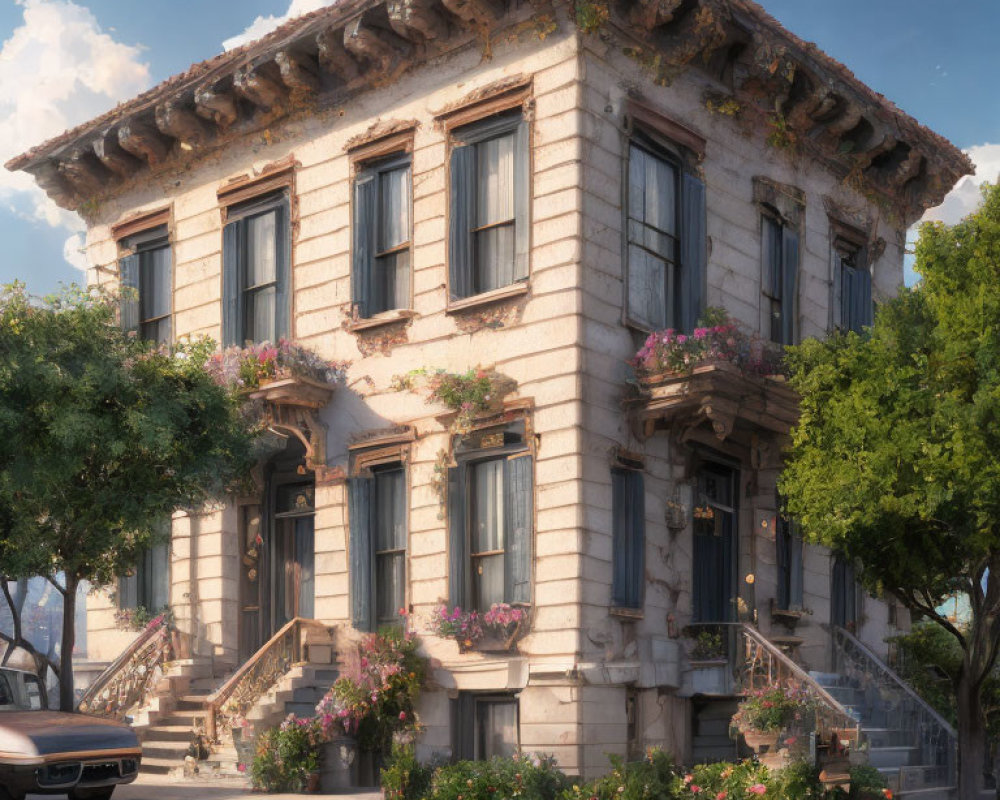 Classical architecture corner building with blooming balcony flowers