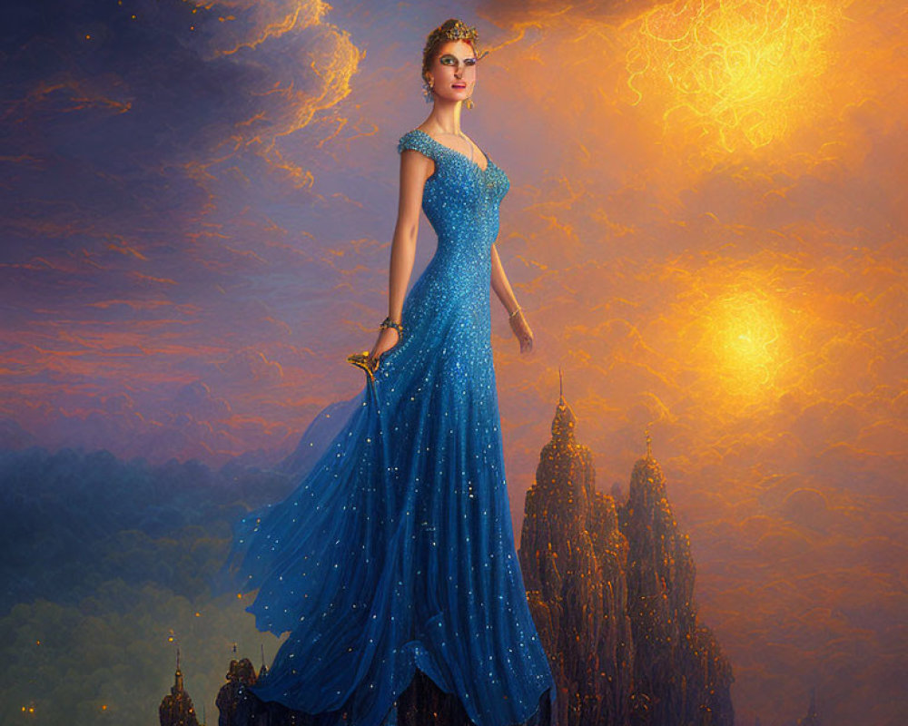 Woman in Blue Gown in Fantasy Landscape with Radiant Clouds and Castle Spires