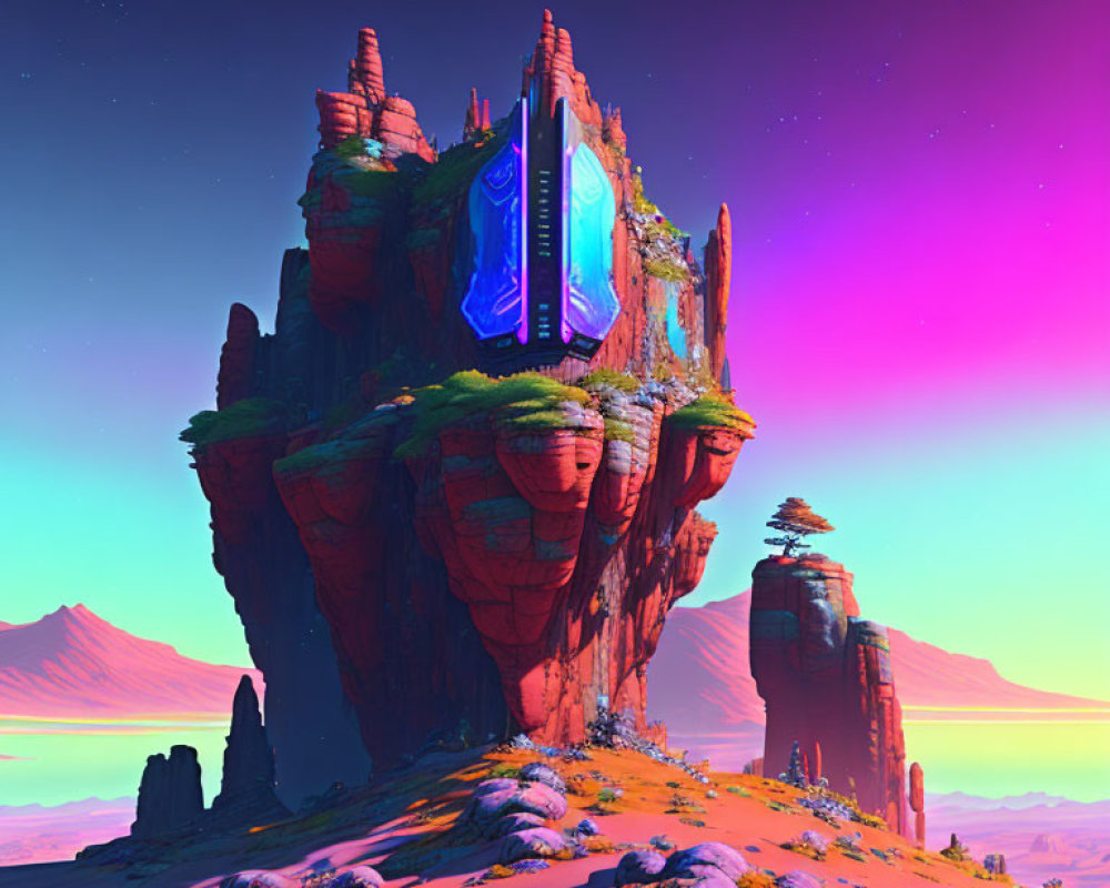 Vibrant sci-fi landscape with towering red rock formation and glowing blue symbols in desert under pink and