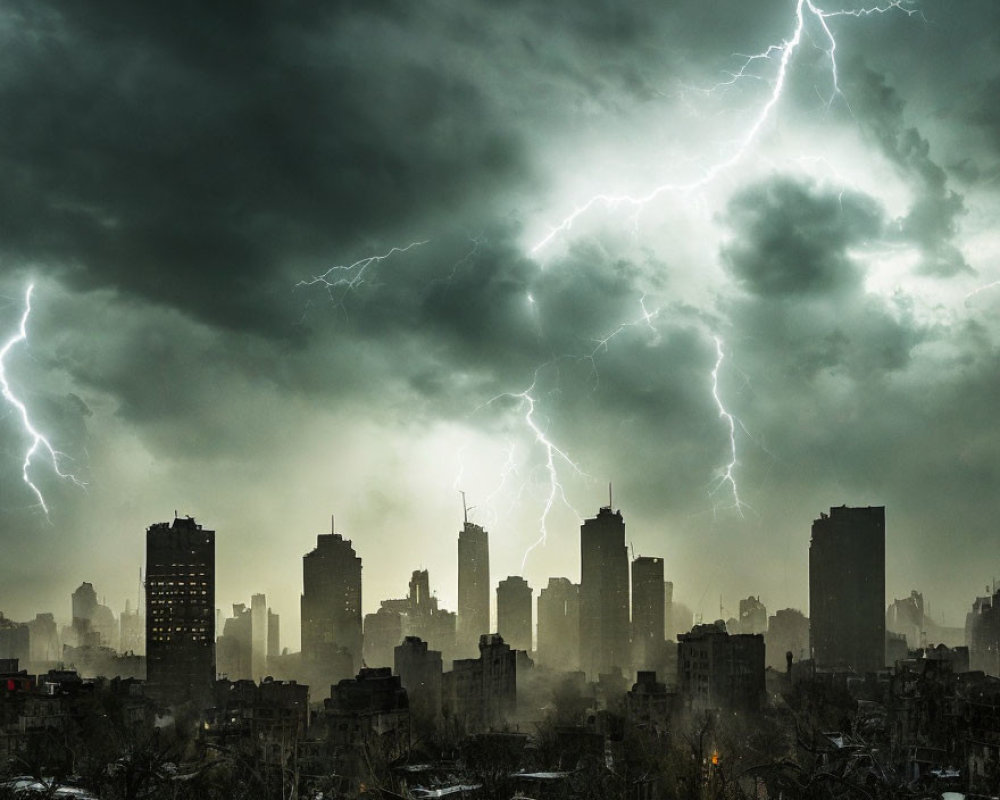 Stormy Cityscape with Lightning Bolts and Darkened Buildings