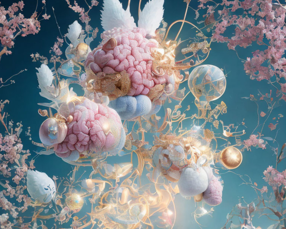 Ethereal composition: Blooming cherry branches, pink clouds, feathers, and orbs on blue.