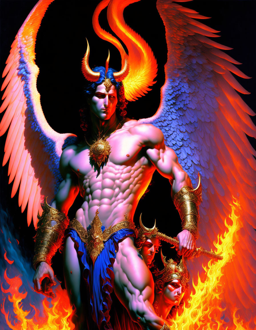 Majestic winged fantasy creature with fiery aura and golden arm guards.