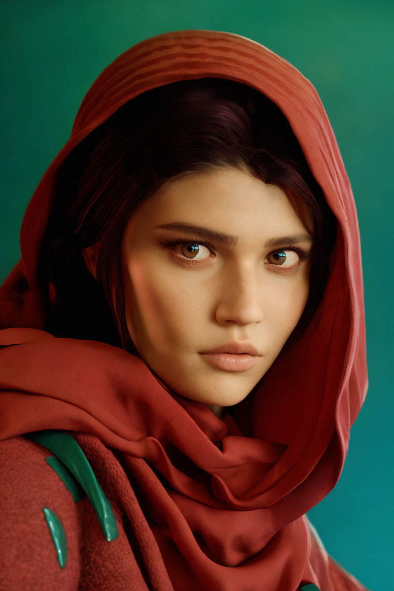 Portrait of woman with hazel eyes in red fabric on teal background