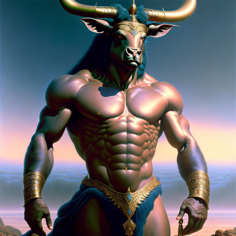 Mythological creature with bull's head and human torso in digital artwork