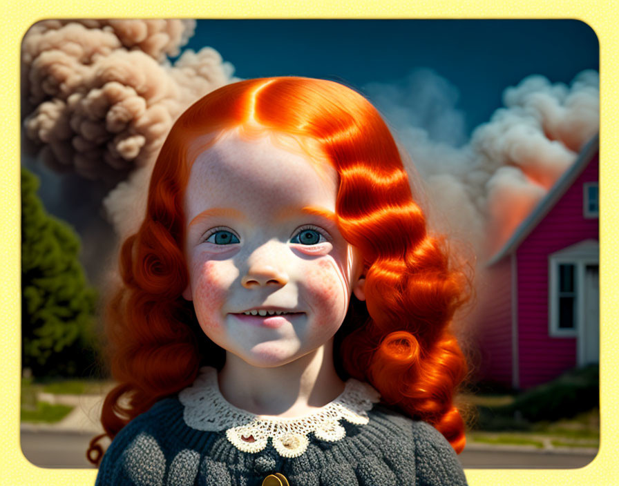 Curly Red-Haired Girl Smiling with House and Smoke Background