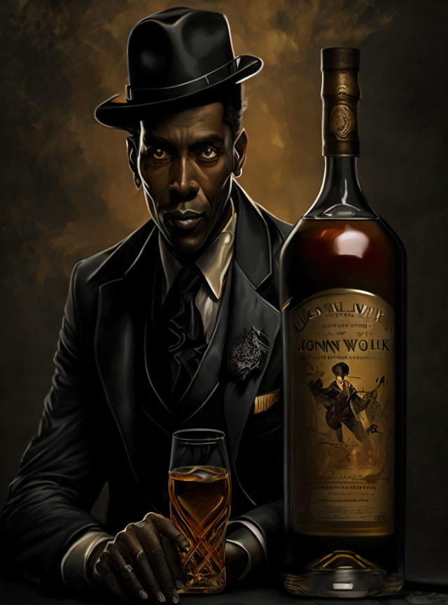 Digital Artwork: Dapper Gentleman in Suit with Whiskey Bottle