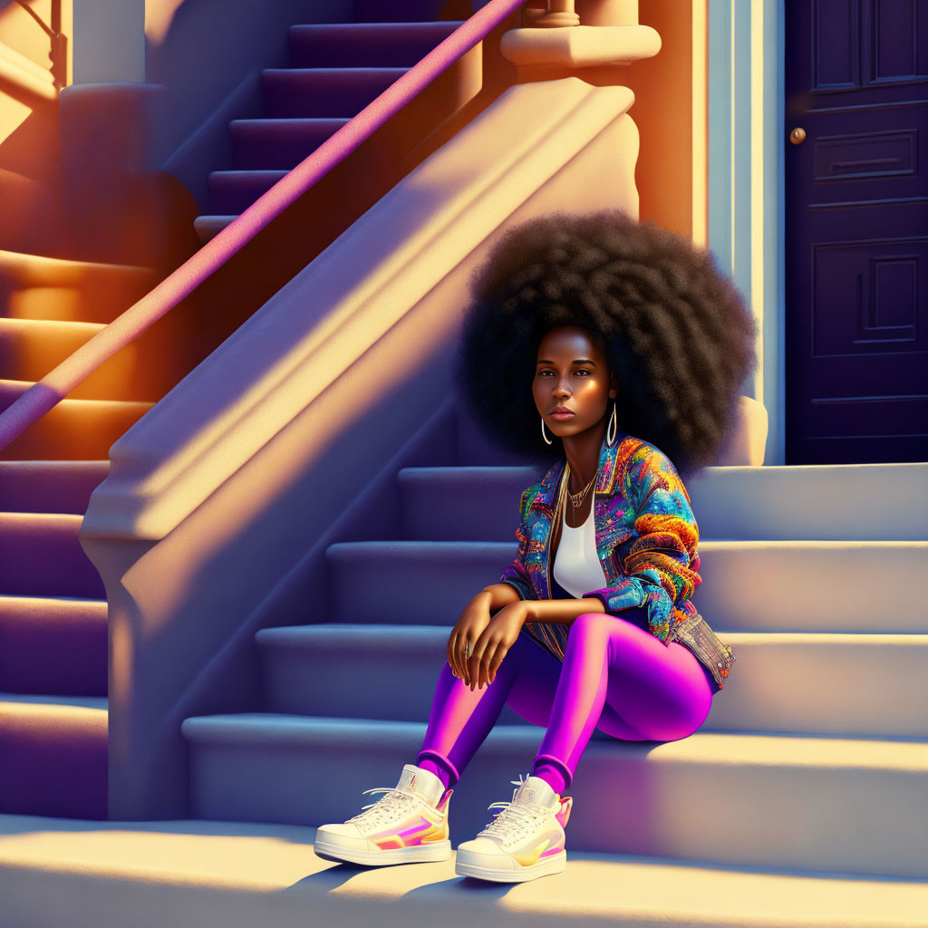 Colorful Jacket Woman with Curly Hair on Steps with Blue Door