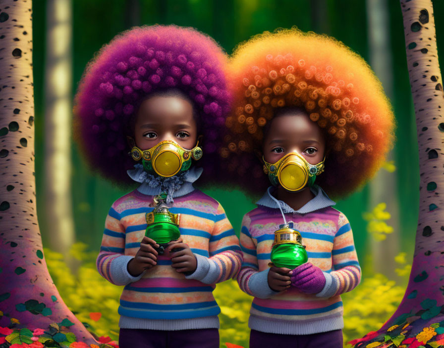 Colorful-haired children in gas masks with green lanterns in whimsical forest