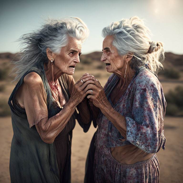 Elderly women with long grey hair holding hands in desert gaze.