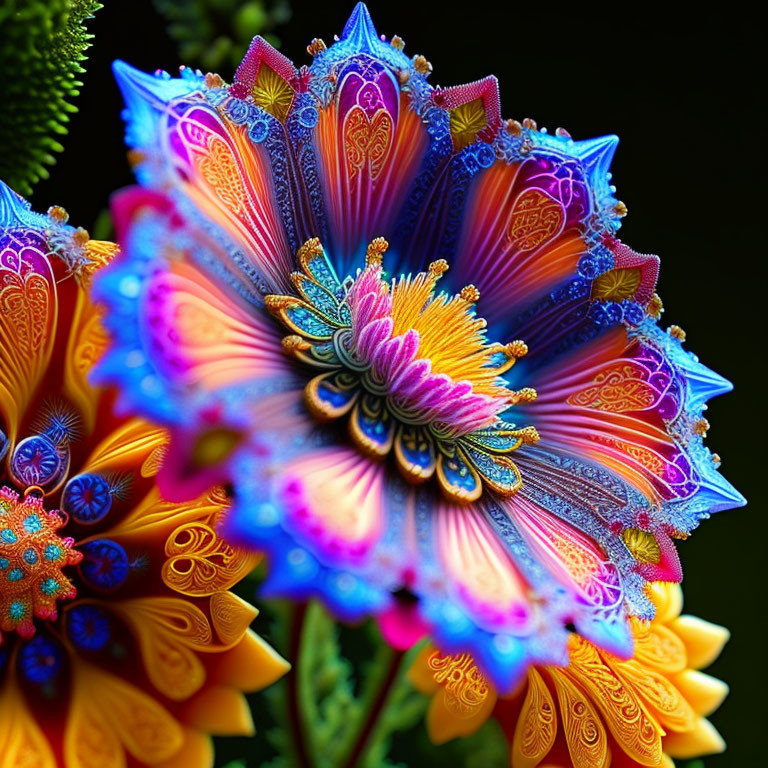 Colorful Digital Art: Fractal Flowers in Blue, Orange, & Purple