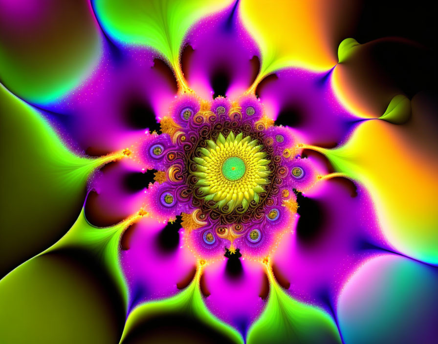 Colorful digital fractal art with flower-like pattern and neon colors