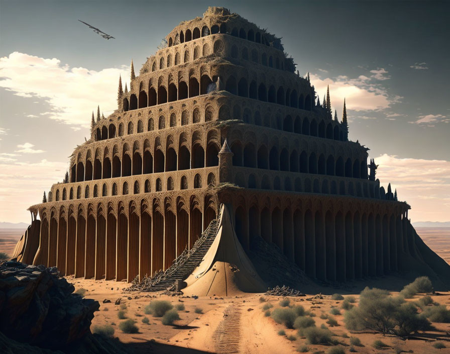 Tiered ziggurat in desert landscape with airplane and tent.