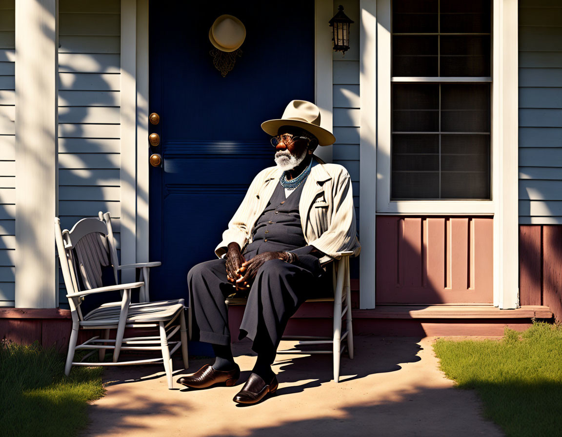 Elderly man with beard and hat sitting on porch in sunlight