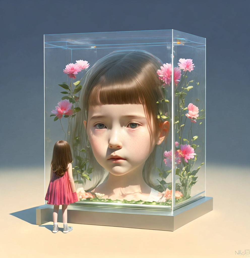 Young girl in pink dress with oversized head sculpture in glass cube