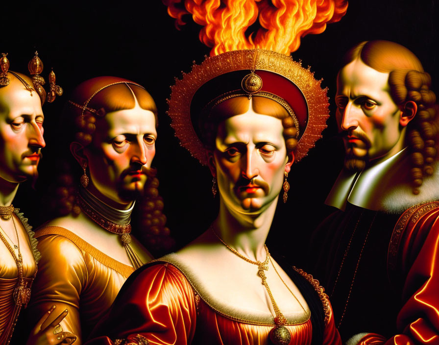 Three Renaissance figures in elaborate attire with exaggerated features and fiery crown.