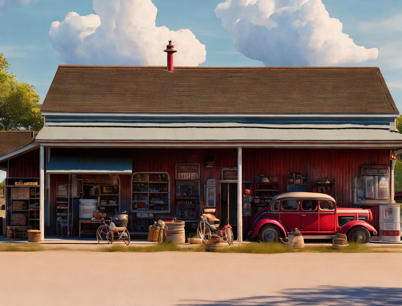 Vintage-style shop with items and red car under sunny sky