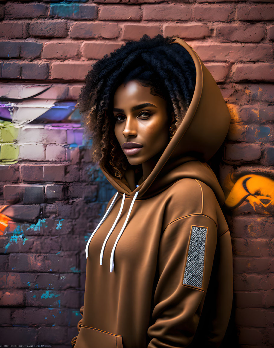 Curly-Haired Woman in Hoodie Poses Against Graffiti Wall