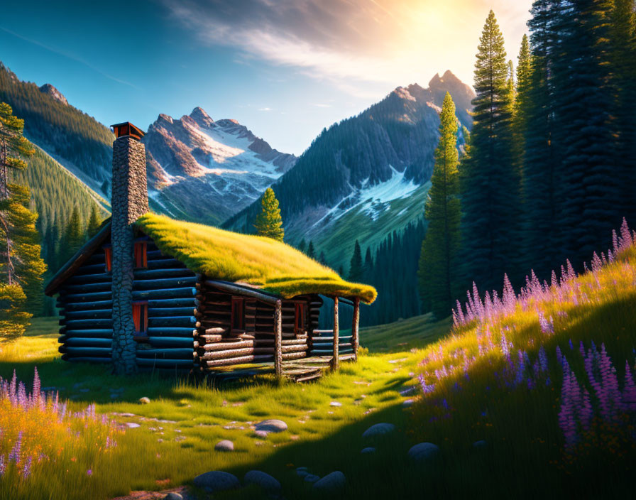 Log cabin with green roof in meadow of purple flowers and mountains.