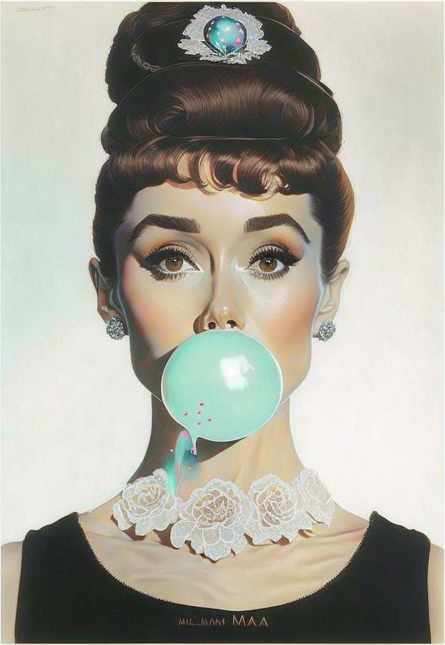 Stylized portrait of woman with elaborate updo and teal bubblegum bubble