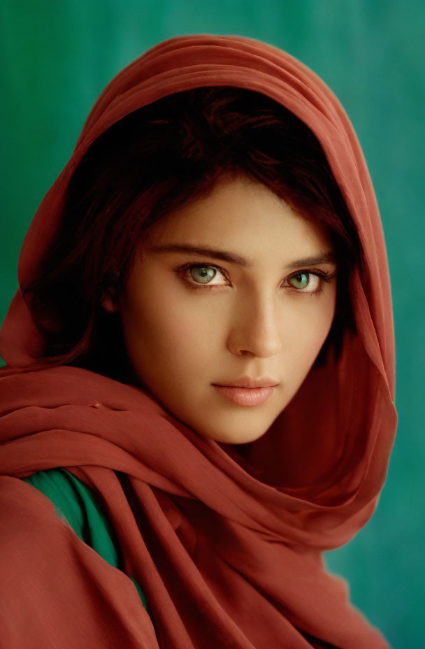 Portrait of person with piercing green eyes and red scarf on green backdrop