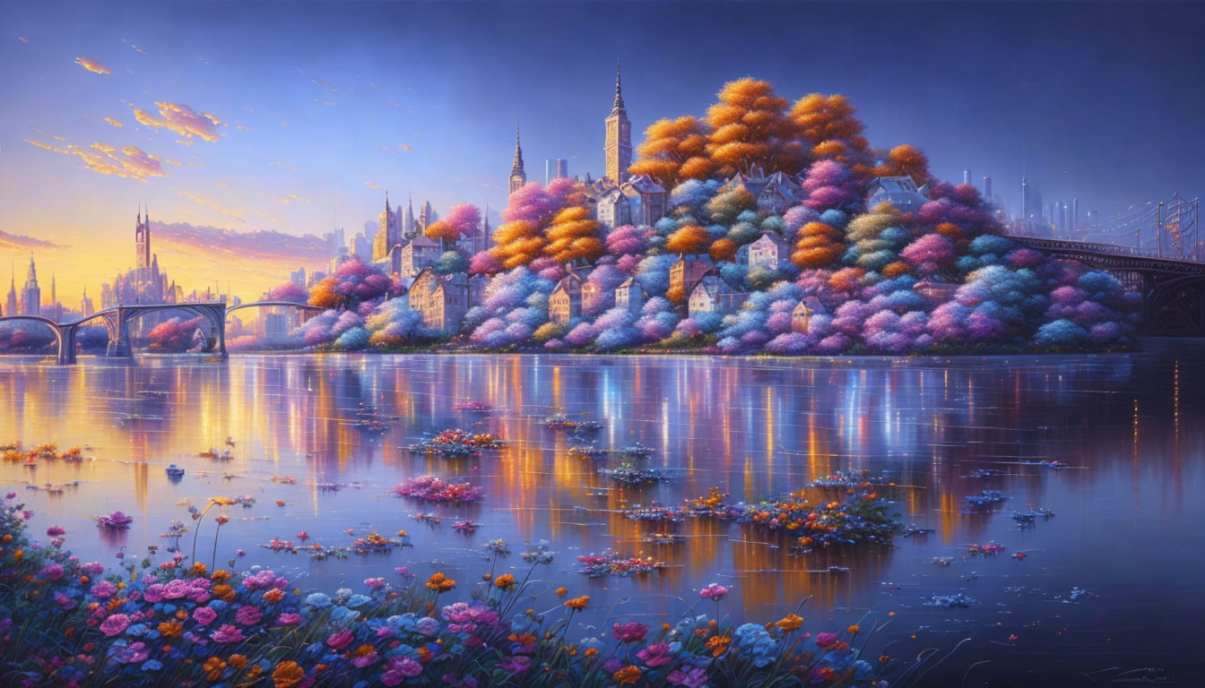 Colorful fantasy landscape with blossoming hillside, reflective water, and castle at twilight