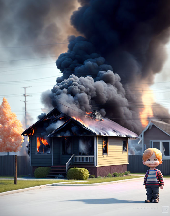 Child with doll-like appearance in front of burning house.