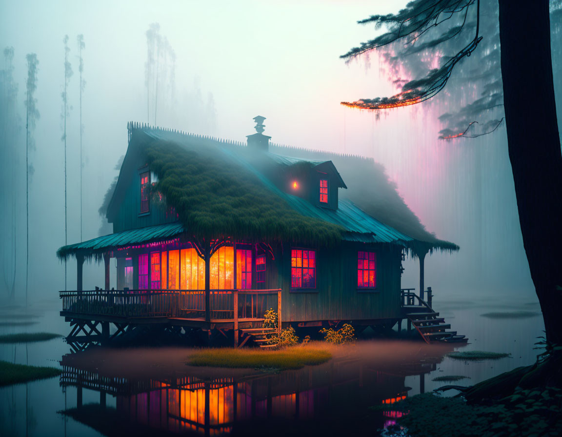 Thatched Roof Cabin on Stilts in Mystical Forest Scene