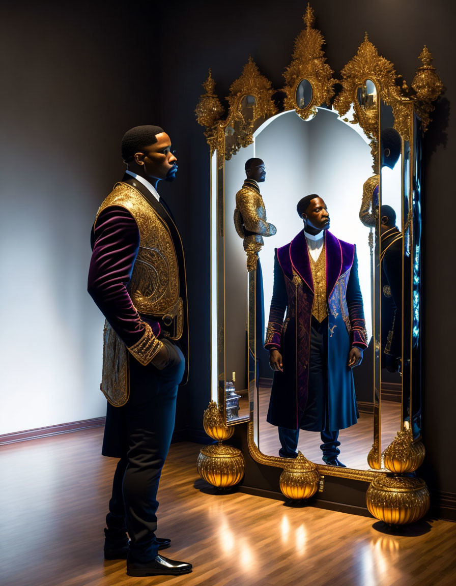 Man in elegant attire beside mirror under warm lighting