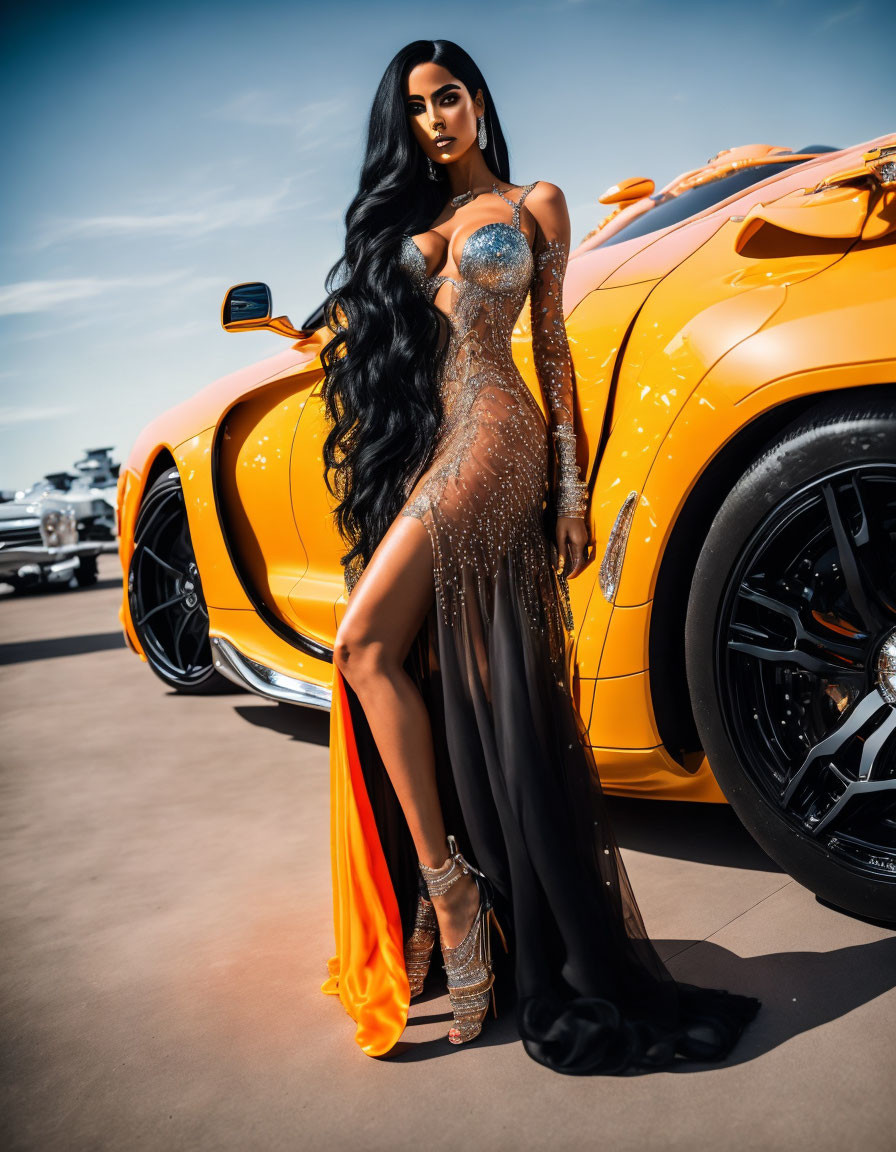 Glamorous woman in sparkling gown beside orange sports car