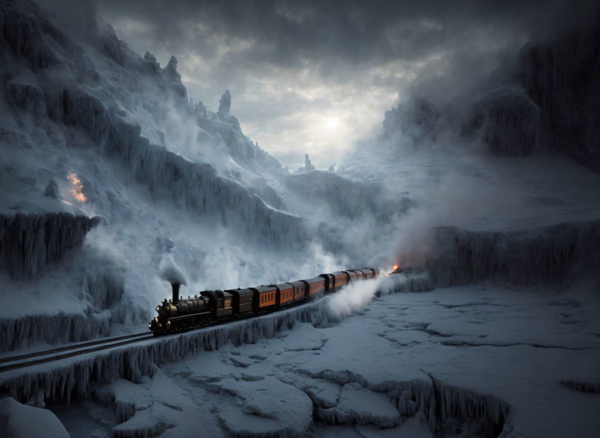 Vintage steam train in icy landscape at dusk