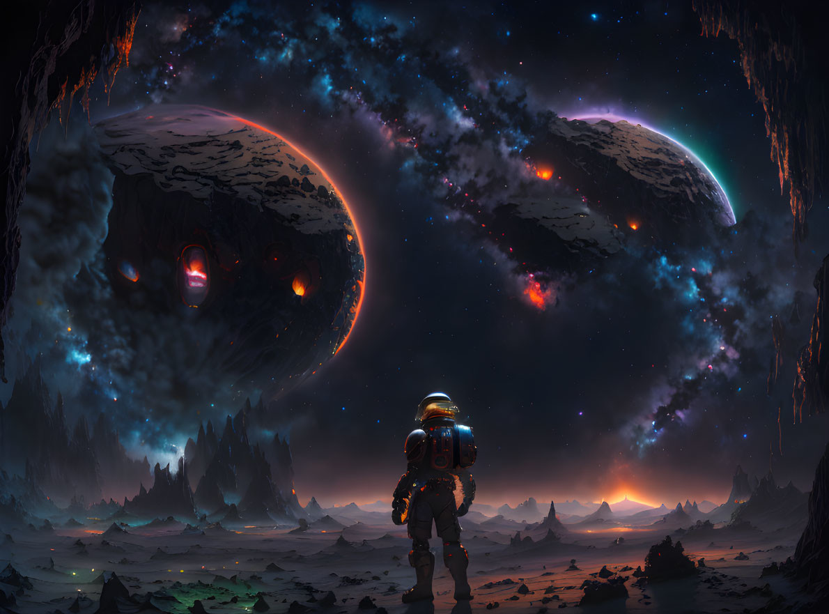 Astronaut on alien landscape with massive planets and glowing nebulas