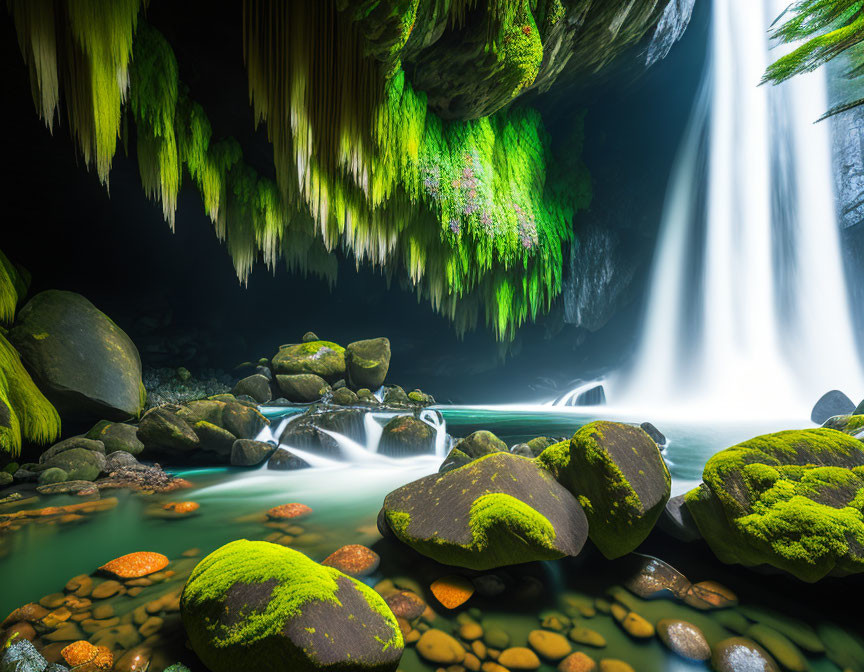 Tranquil waterfall cascading into moss-covered cave pool