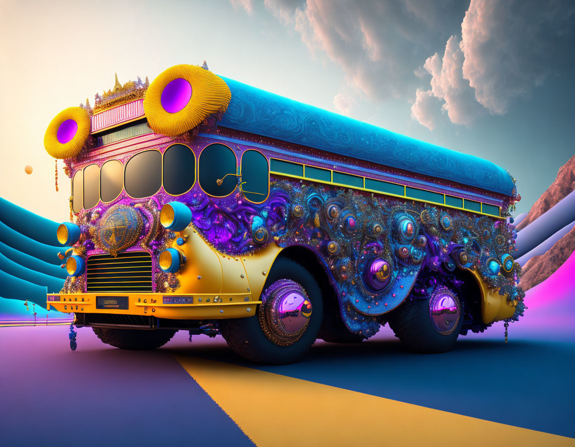 Colorful Psychedelic Bus in Surreal Landscape with Purple Mountains