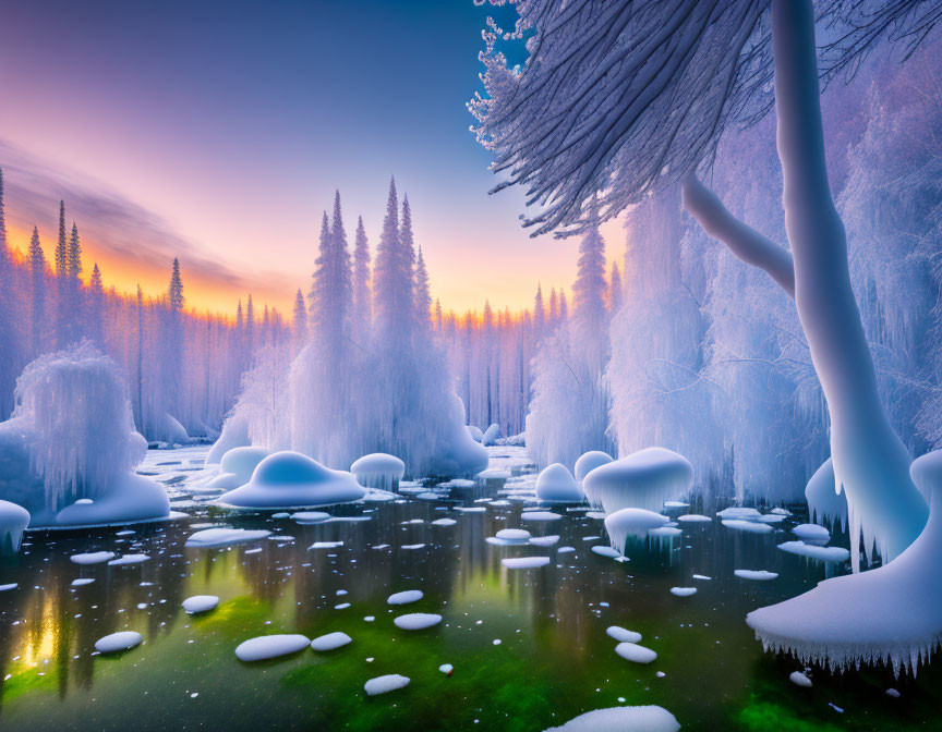 Frost-covered winter landscape with frozen river and colorful sunrise