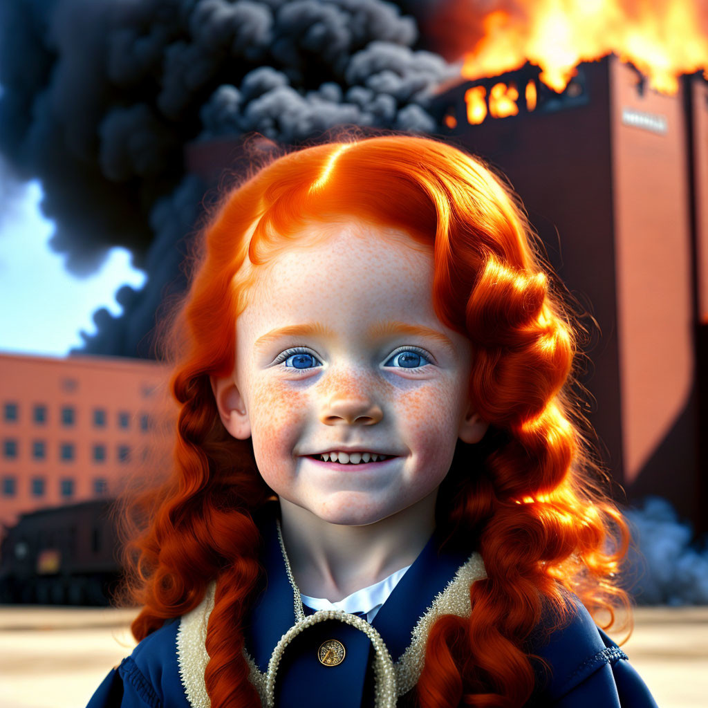 Child with Red Hair and Blue Eyes in Front of Industrial Background