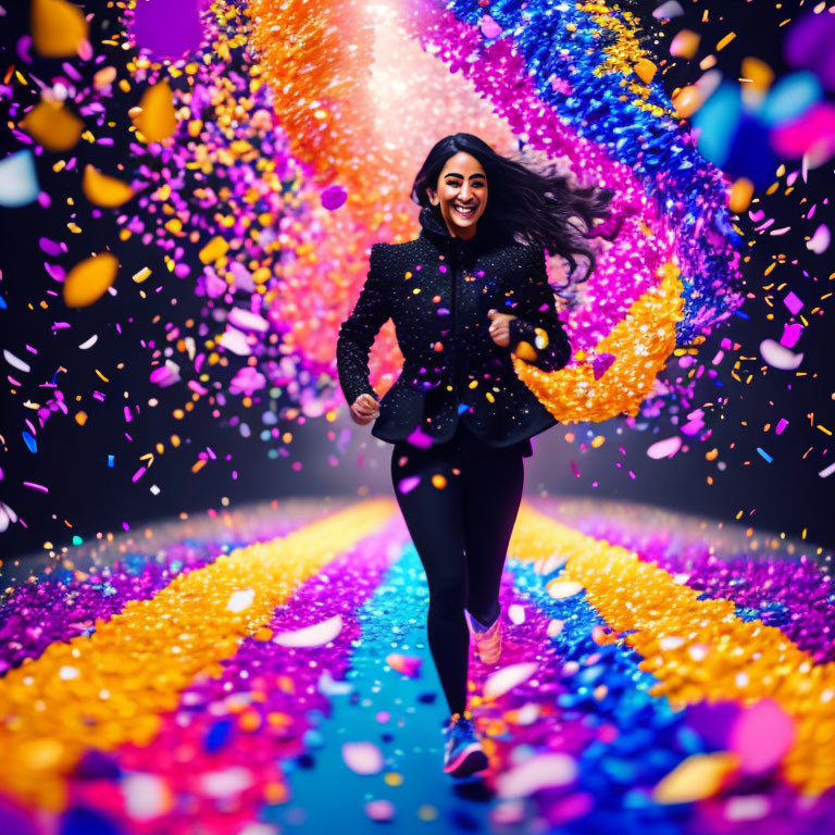 Colorful confetti path with joyful woman running amidst vibrant swirl