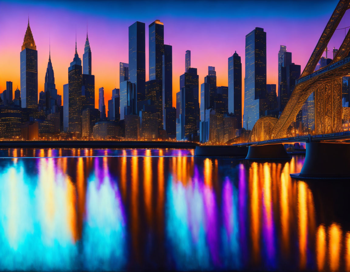 Twilight cityscape with illuminated skyscrapers and bridge reflection