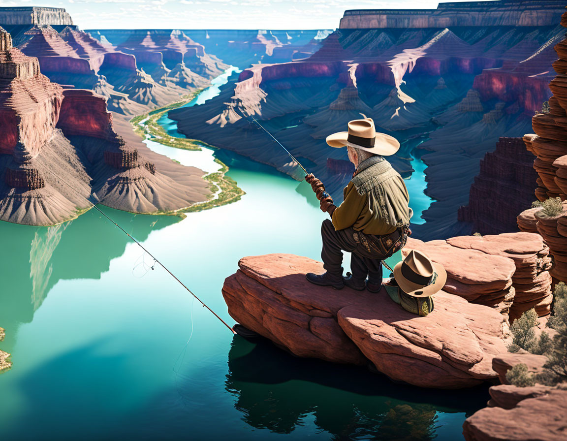 Cowboy hat person fishing on rocky canyon outcrop above river.